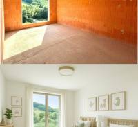Before and after the renovation of the children's room in a family house, with a view of greenery.