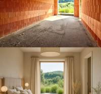 A construction project of a family house in Trnové, Žilina, and a furnished bedroom with a window to the garden.