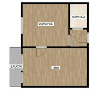 Layout of a 1-room apartment: kitchen, room, bathroom, and balcony.