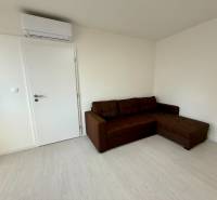A bright room with a corner sofa and air conditioning in a studio apartment.