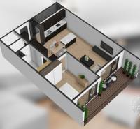 Design of a 2-room apartment with a kitchen, living room, bedroom, and terrace.