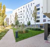 Exterior of an apartment building with a sidewalk, greenery, and a playground on Seberíniho Street, Bratislava - Ružinov.