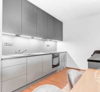 A kitchen in a 2-room apartment with a modern gray kitchen unit and wooden flooring.