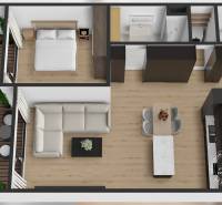 Floor plan of a 2-room apartment with a balcony, living room, bedroom, and kitchen.