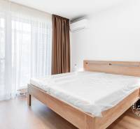 Bright bedroom with a wooden bed and a nightstand in a two-room apartment.