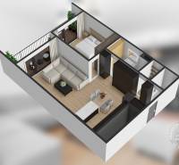Floor plan of a 2-room apartment with a living room, kitchen, bedroom, and balcony.