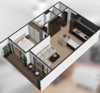 3D floor plan of a 2-room apartment with a balcony, kitchen, living room, and bedroom.