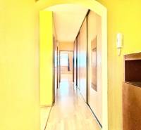 A narrow hallway with built-in wardrobes in a three-room apartment with wooden paneling.