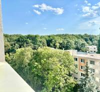 View from a 3-room apartment on Mamateyova Street, Bratislava - Petržalka with a view of greenery and apartment buildings.
