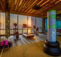 A fitness center with a view of the sunset through large windows, apartment construction.