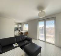 Living room in a 3-room apartment with a view of the balcony, a kitchenette, and a leather sofa.
