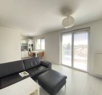 Living room and kitchen in a 3-room apartment with a black sofa, table, and balcony.