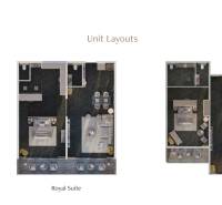 Floor plans of apartments: Hotel Suite, Royal Suite, Penthouse with various layouts in a family house.