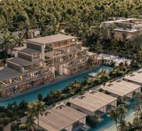 A resort surrounded by palm trees, pools, and modern buildings in the suburbs.