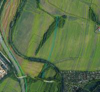 Aerial view of agricultural and forest lands around Prievidza.