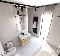 A bathroom in a family house with a sink, a mirror, and a towel rack.