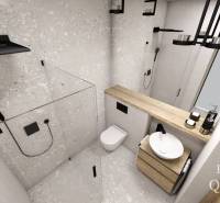 A minimalist bathroom in a family house with black elements and a wooden shelf.