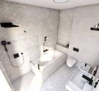 Family house bathroom with bathtub, shower, and toilet, minimalist design.