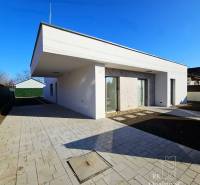 Family house in Turany with a flat roof, paved driveway, and garden shed.