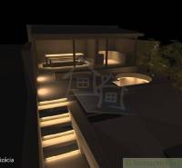 Night visualization of a family house with illuminated stairs and trees in Banská Bystrica.