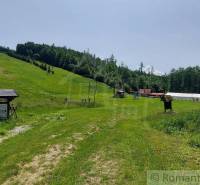 Green meadow and forests with commercial spaces in Stará Myjava under a sunny sky.