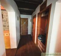 A hallway in a family house with wooden paneling and a stone wall.