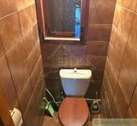 A small toilet in a family house with a wooden window and brown tiles.