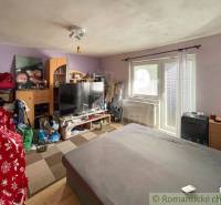 Living room in a family house with a sofa, television, and wall decorations.