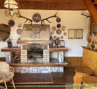 A fireplace room with a wooden ceiling and hunting decorations, unique property.