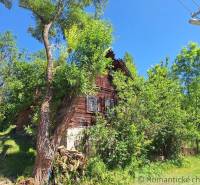 A cottage in Liptovský Mikuláš surrounded by lush greenery and trees, blue sky.