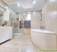 Bathroom with a bathtub and shower in a family house.