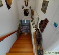 A staircase in a family house decorated with hunting trophies and paintings.