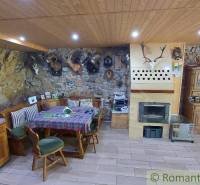 Interior of a family house with a stylish fireplace and hunting trophies on a stone wall.