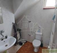 Bathroom with toilet, sink, and radiator in the attic of a family house.