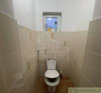 A small bathroom with ceramic tiles, a toilet, and a window in a family house.