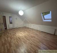 Attic room in a family house with laminate flooring and a skylight.
