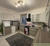 Kitchen and family house with a countertop, appliances, a white refrigerator, and decorative elements.