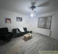 Living room in a family house with an armchair, sofa, coffee table, and paintings on the walls.