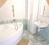 A bathroom in a family house with a corner bathtub, a sink, and green and white tiles.