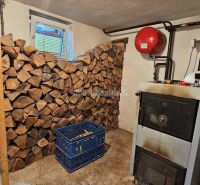 Boiler room in a family house with stacked wood and a heating boiler.