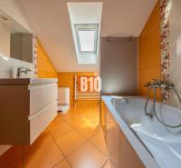 A bathroom in a family house with orange tiles, a bathtub, a sink, and a skylight.