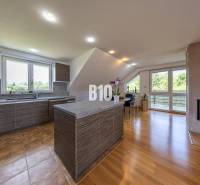 Interior of a family house with a kitchen island, windows, and a fireplace.