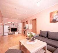 Living room with a sofa and a television in a three-room apartment, decorated with a painting and flowers.