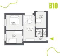 Floor plan of a 3-room apartment with room dimensions and layout.