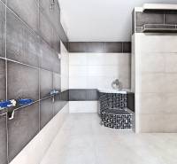 A bathroom in a family house with dark and light tiles, unfinished installation.