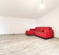 A red couch in the living room on a wooden floor in a family house.