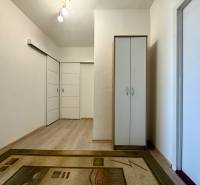 Hallway in a 3-room apartment with a carpet, a wardrobe, and sliding doors.