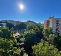 Sunny view of greenery and buildings from a 2-room apartment on Ladzianskeho in Bratislava.