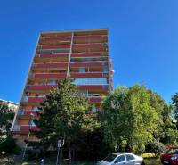 High-rise residential building on Ladzianskeho Street, Bratislava - Vinohrady, surrounded by greenery and cars.