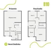 Floor plan of a family house with a ground floor and an upper floor, rooms divided into bedrooms and a kitchen.